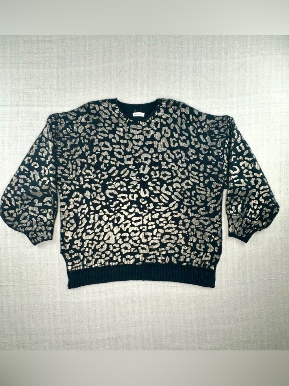 ANDTHEWHY Black Metallic Gold Leopard Print Balloon Sleeve Sweater Medium/ Large